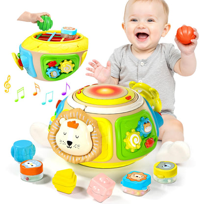 Sumapner 7-in-1 activity cube drum with sensory shape blocks, music, and lights, educational toy for babies and toddlers.