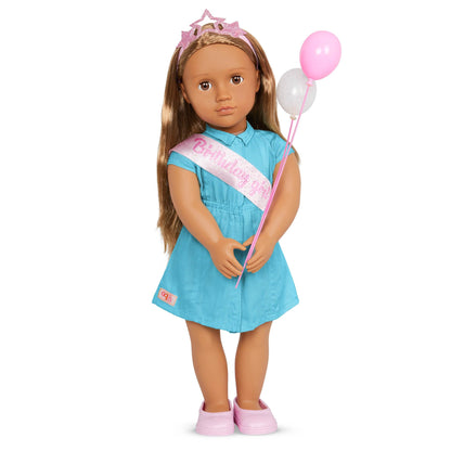 18-inch Our Generation Anita girl doll with birthday party outfit, balloons, and tiara, showcasing her 7-piece accessory set.