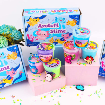 Six-pack of Axolotl slime kits with blue cloud dough and crystal slime, ideal for kids' party favors and birthday gifts