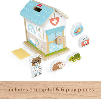 Fisher-Price Wood Pretend Play Toy Pet Hospital Set, 6-Piece Wooden Animal Playset for Travel Preschool Kids Ages 3+ Years, JFG07