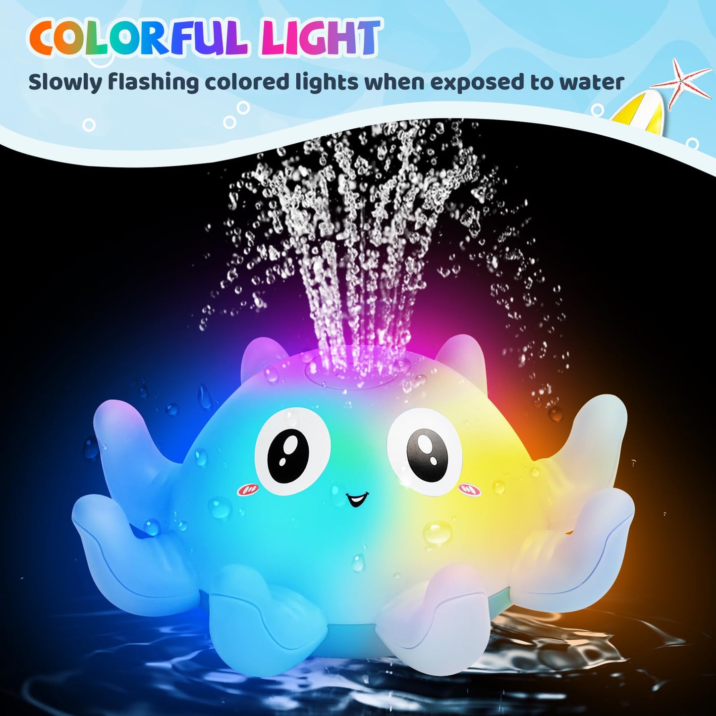 Jovicos Baby Bath Toys, Octopus Sensory Light Up Bath Toys, Automatic Induction Spray Water Toys, Bath Time Shower Gifts for Baby Girls Boys（Blue）