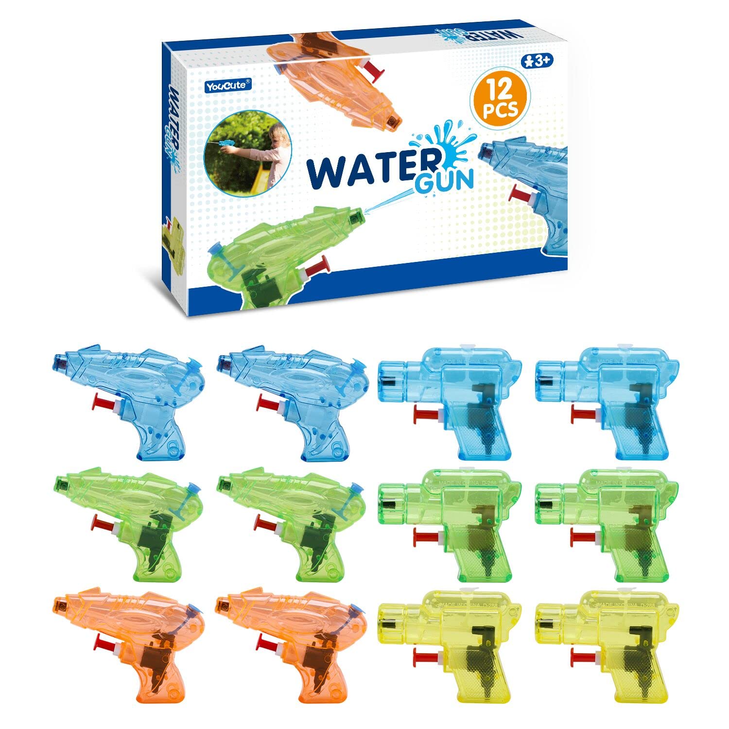 YouCute 12-pack water gun pistols for kids, squirt toys ideal for outdoor beach, pool, summer parties, and party favors.