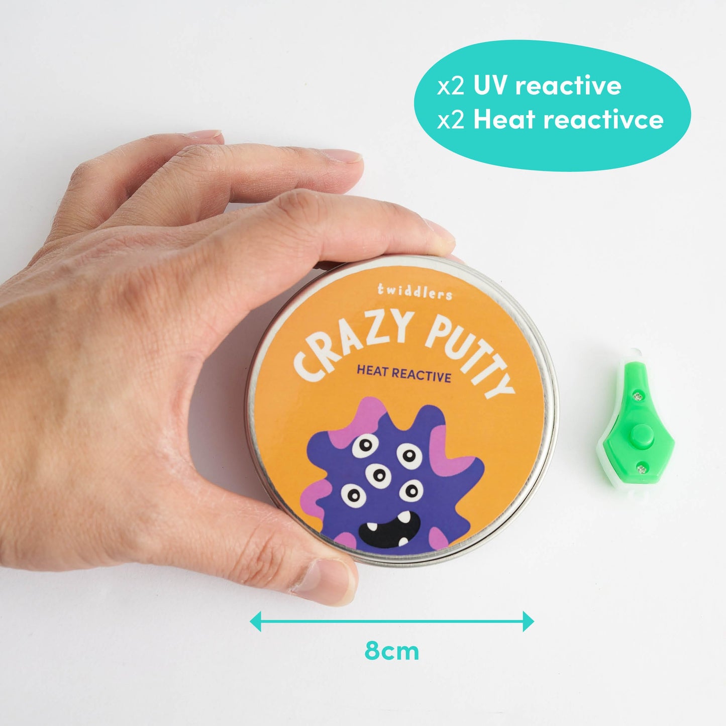 Color-changing putty in lid pots with mini UV torch, sensory slime toy by THE TWIDDLERS, perfect for kids' DIY art and party favors.