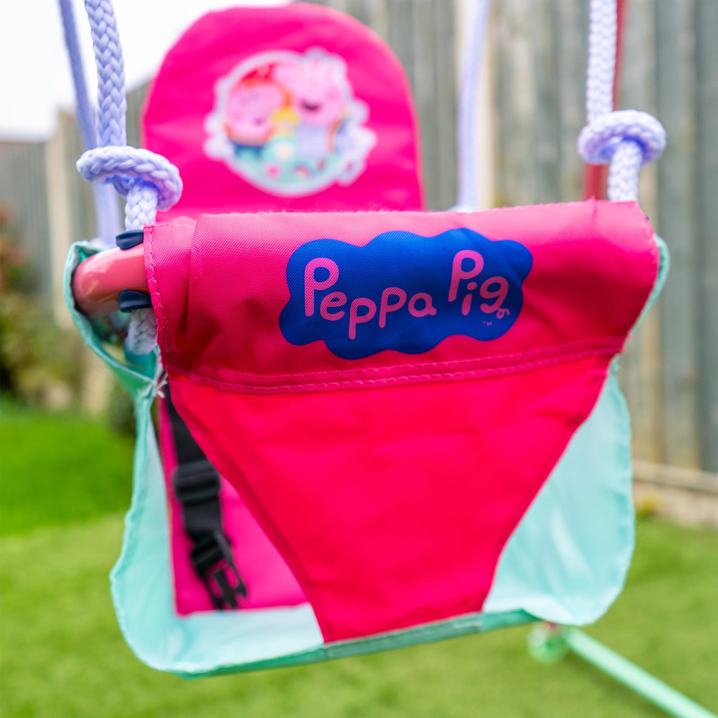 Peppa Pig fast folding baby swing set with adjustable seat and safety harness, suitable for indoor and outdoor use for toddlers ages 6-36 months.