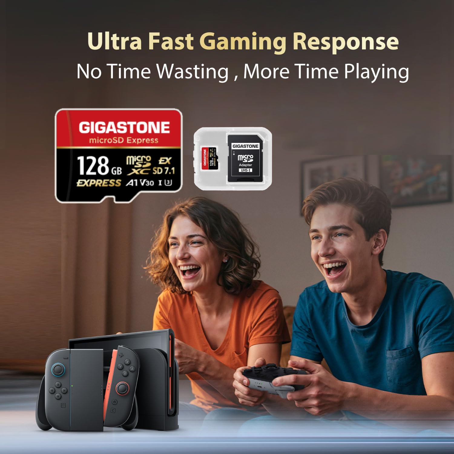 Gigastone 128GB microSDXC Express card with SD adapter, high-speed R/W up to 880/500MB/s, compatible with Nintendo Switch 2.