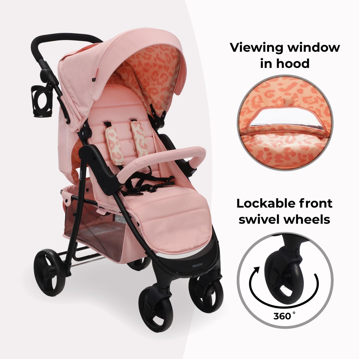 My Babiie MB30 Pushchair – from Birth to 4 Years (22kg), Easy Compact Fold, Large Shopping Basket, Adjustable Handle, Stroller Includes Cup Holder, Rain Cover – Pink Leopard