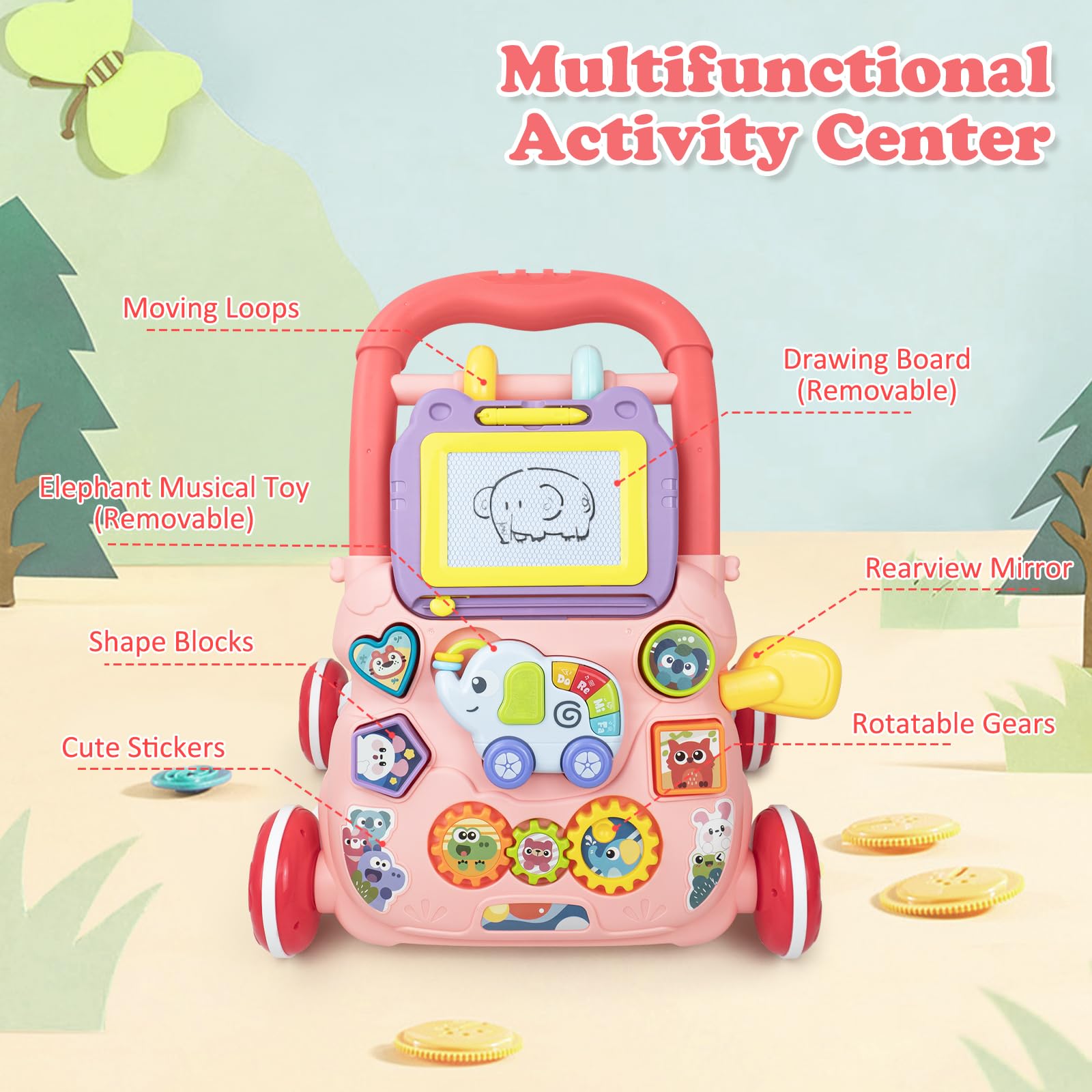 Pink KalaDuck sit-to-stand baby walker with music, drawing board, and educational toys for babies aged 6 months and up.