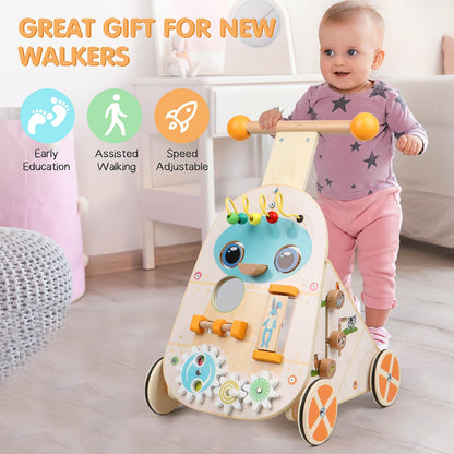 Jacootoys wooden toddler activity walker with adjustable speed, push and pull design, featuring seven educational activities for boys and girls