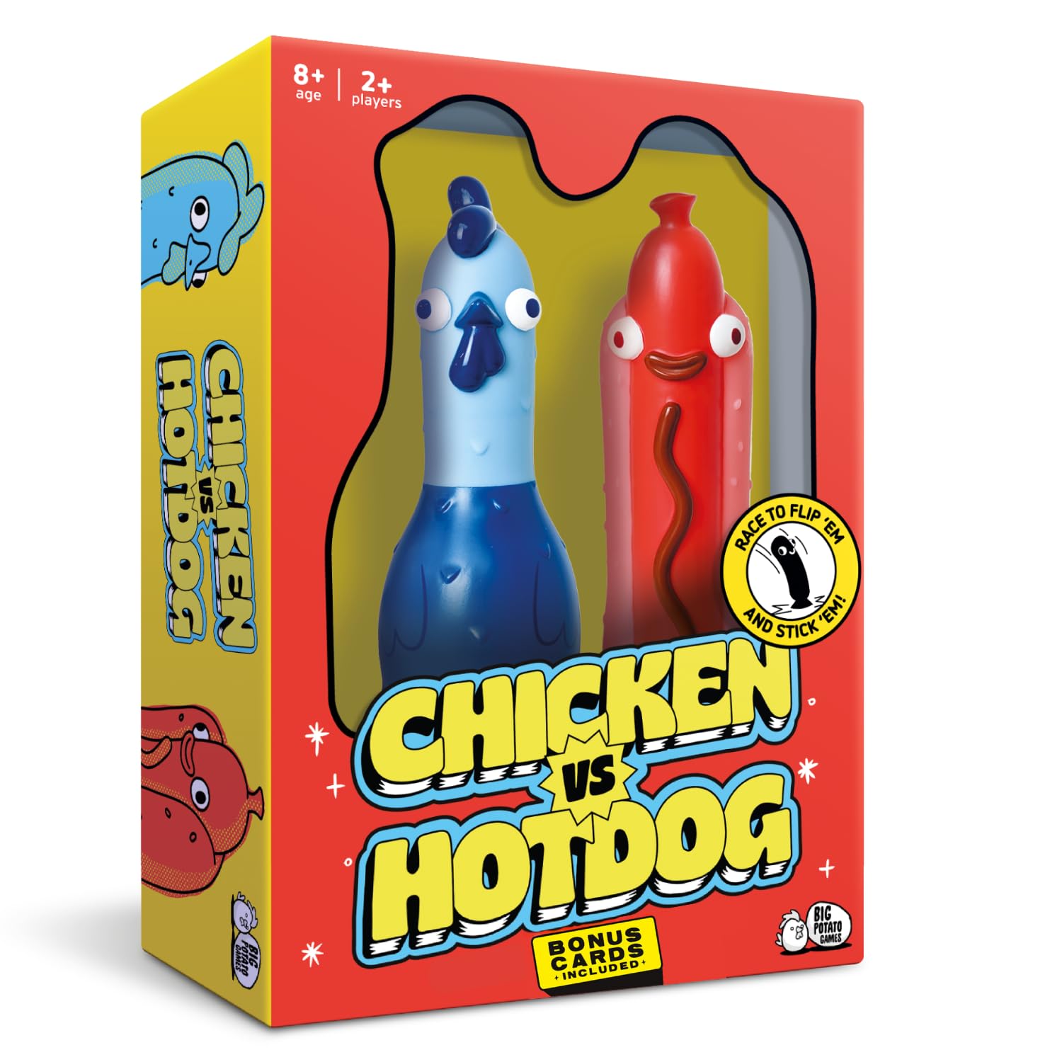 Big Potato Chicken vs Hotdog flip challenge party game with colorful game pieces, bonus cards, and family-friendly outdoor fun.