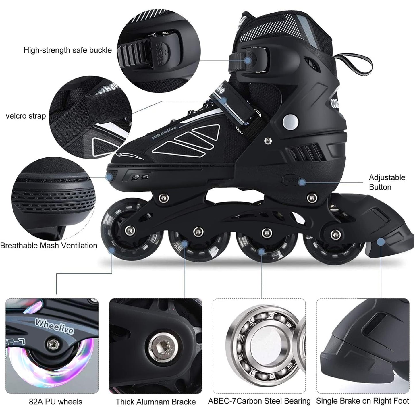 Wheelive Adjustable Inline Skates for Kids, Performance Roller Skates with Full Light Up Wheels Ideal for Boys, Girls, Beginners, Adults