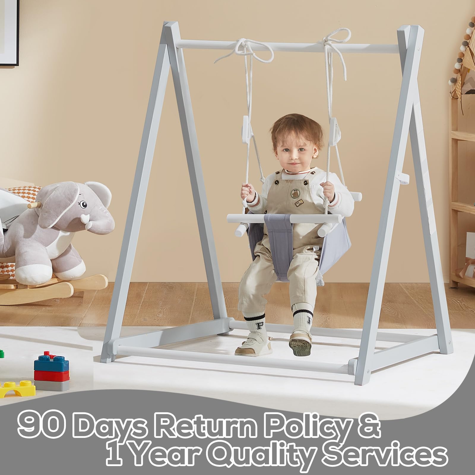 FUNLIO wooden toddler swing set with foldable design, grey finish, includes sandbags and extension straps for indoor or outdoor use