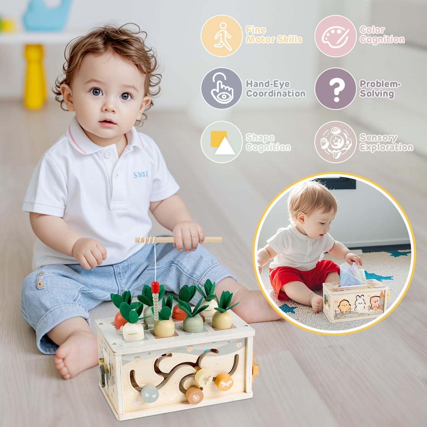 Vanplay Montessori Toys for 1 Year Old, 6 in 1 Baby Tissue Box Toy Wooden Activity Cube, Shape Sorter Sensory Toys for Babies 12 Months, 1st Birthday Gifts for Girls Boys