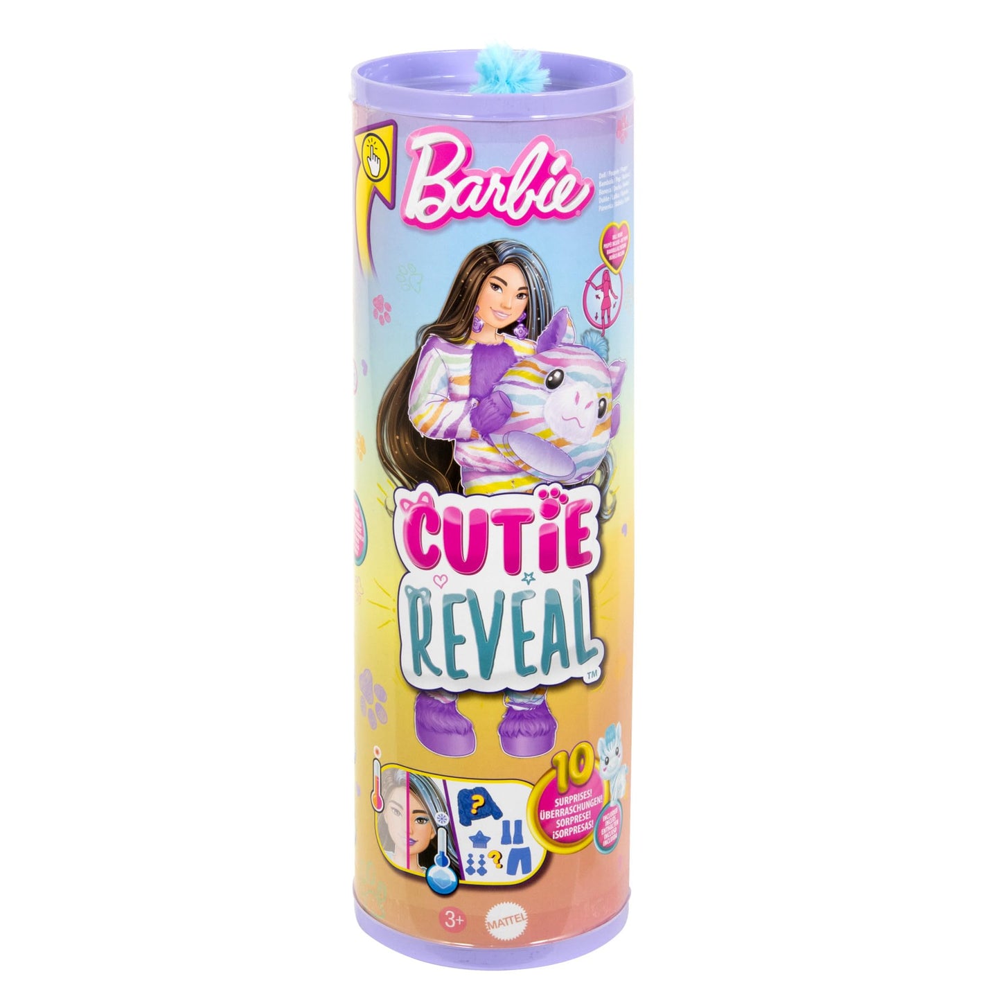 Barbie Cutie Reveal Doll with rainbow zebra plush costume, accessories, and surprises including color change and color dream series.