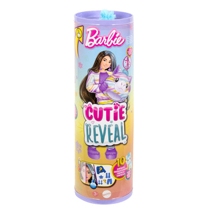 Barbie Cutie Reveal Doll with rainbow zebra plush costume, accessories, and surprises including color change and color dream series.