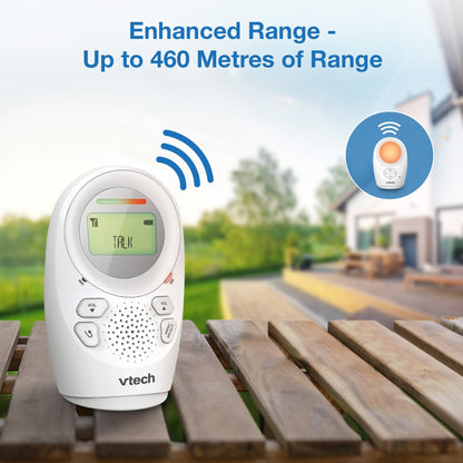 VTech DM1211 audio baby monitor with long range, 2-way talk, noise level display, temperature sensor, soothing sounds, parent unit clip