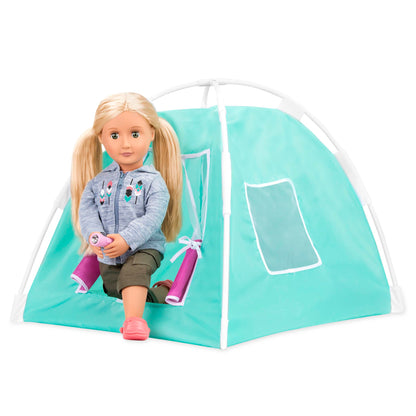Our Generation Happy Camper Camping Set for 18" dolls, featuring a tent, sleeping bag, campfire accessories, and dishes.