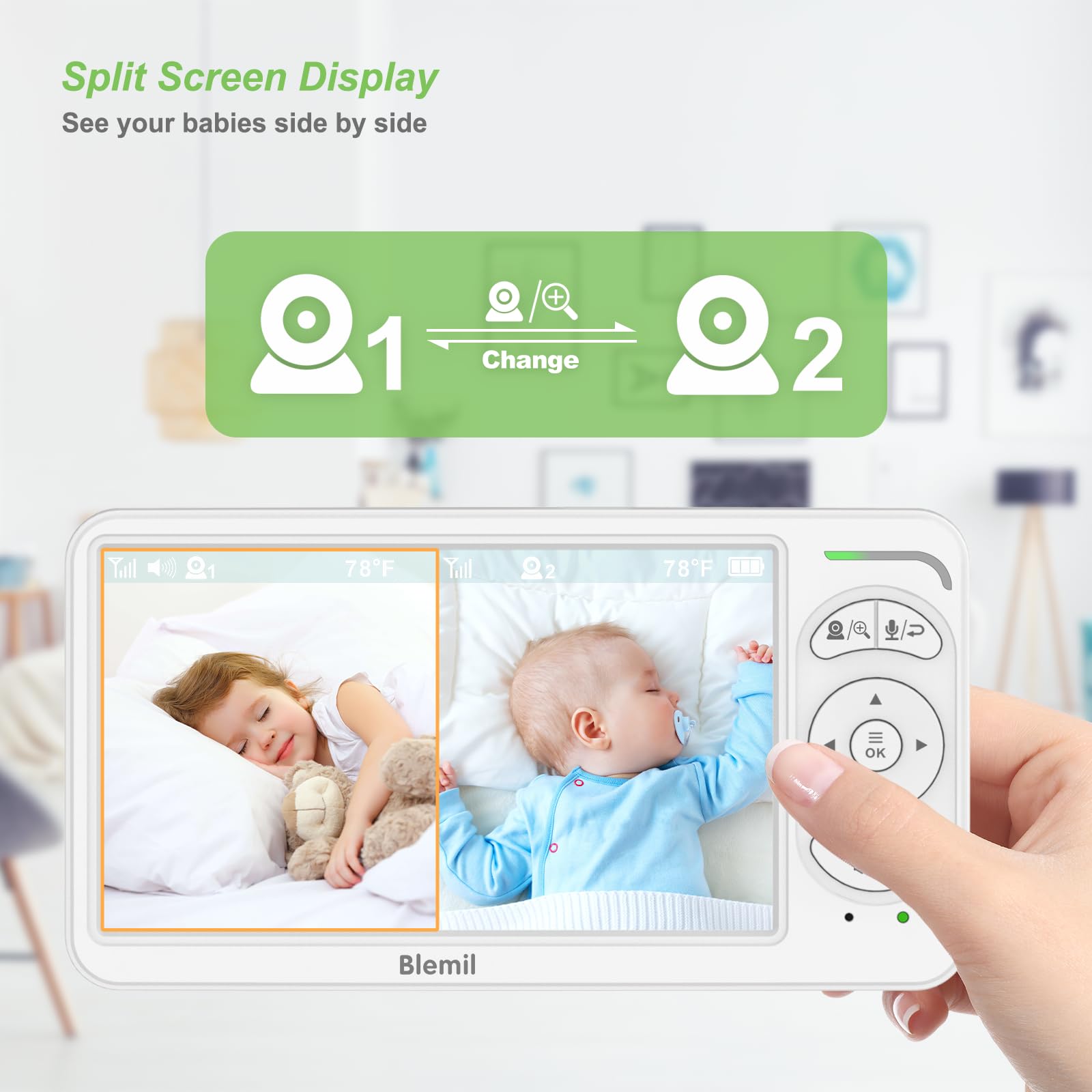 Blemil video baby monitor with two cameras, large split screen, night vision, remote pan/tilt/zoom, and 30-hour battery life.