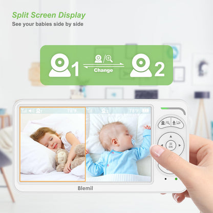 Blemil video baby monitor with two cameras, large split screen, night vision, remote pan/tilt/zoom, and 30-hour battery life.
