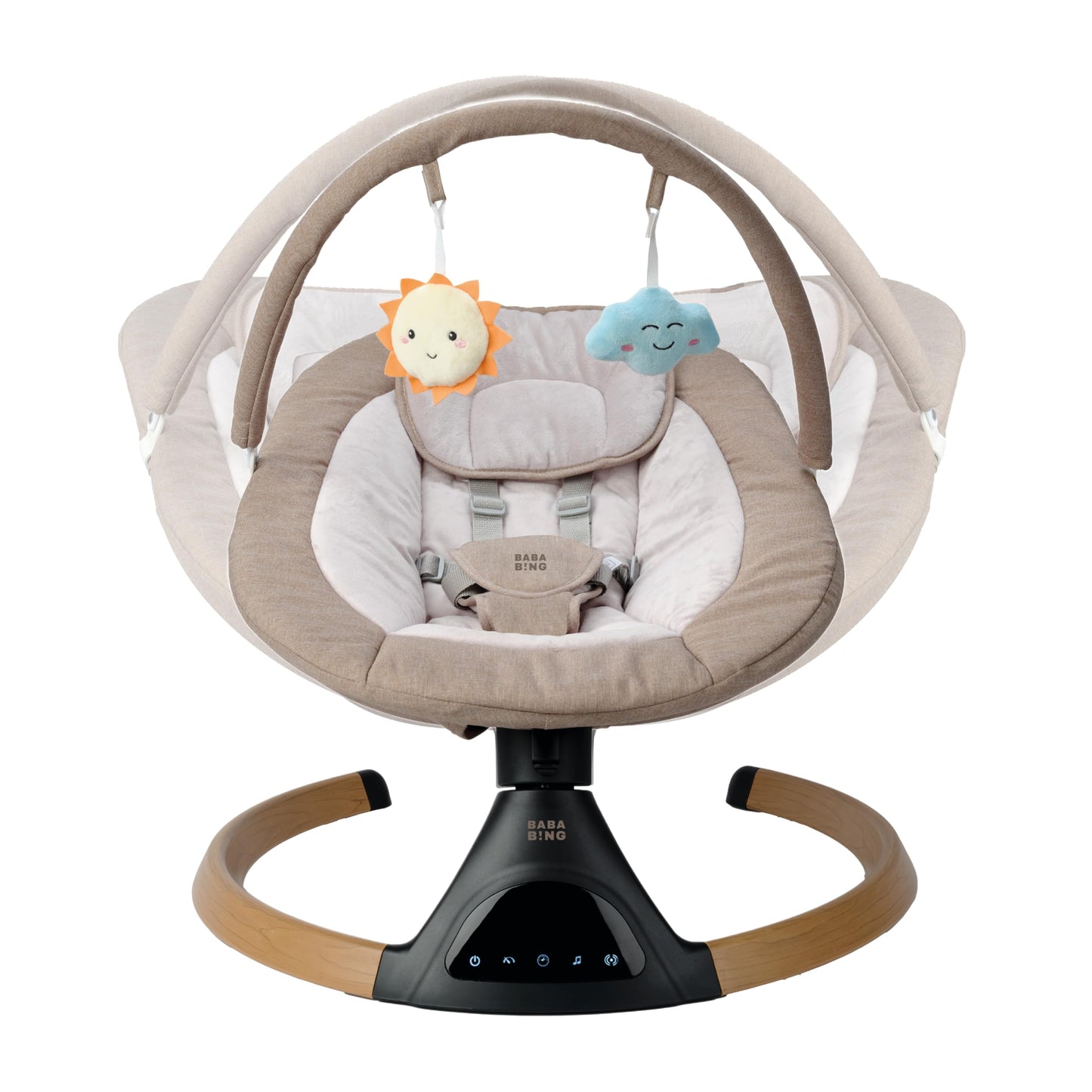 BABA BING beige electric baby swing chair with Bluetooth, digital display, lightweight design, and five swinging options for infants.