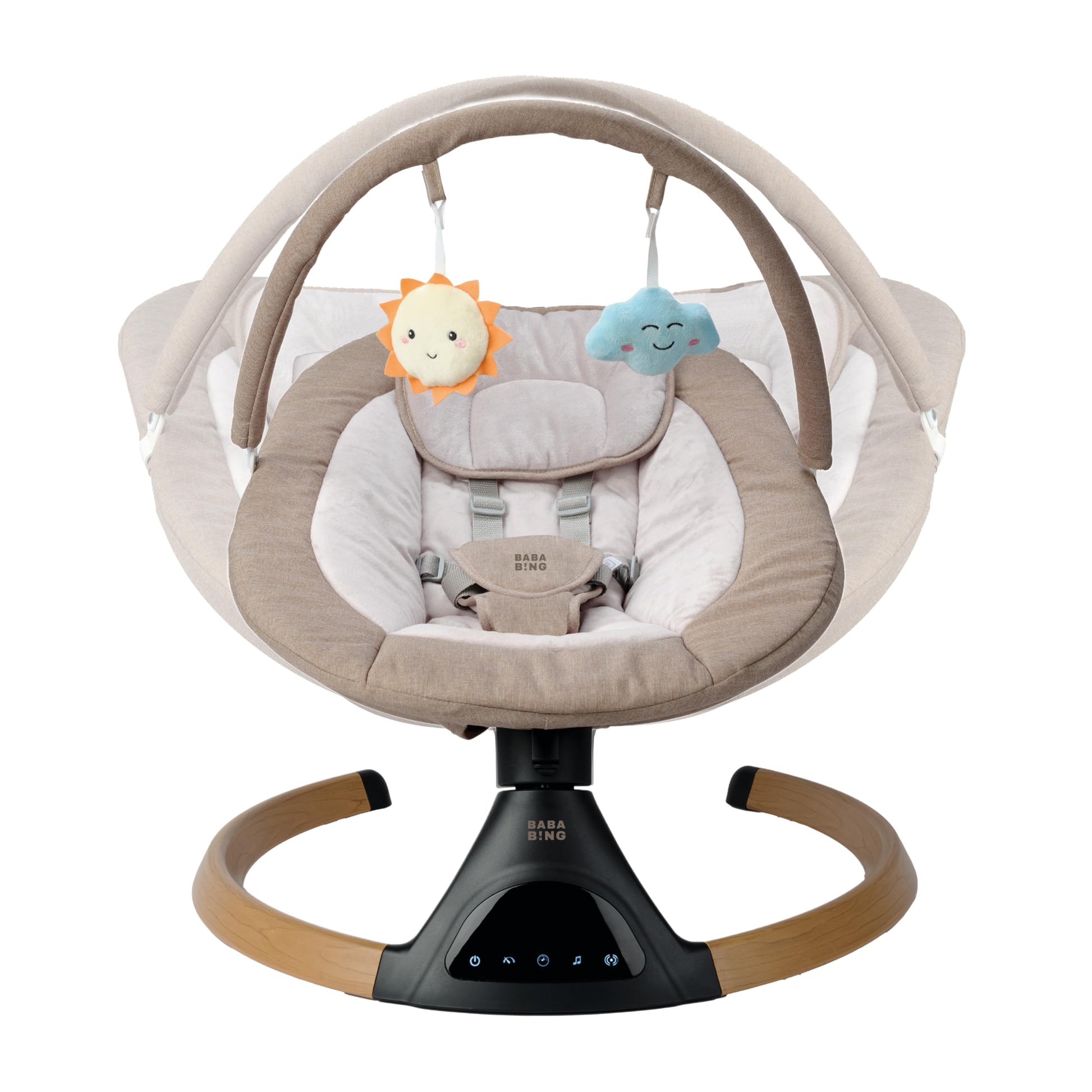 BABA BING beige electric baby swing chair with Bluetooth, digital display, lightweight design, and five swinging options for infants.