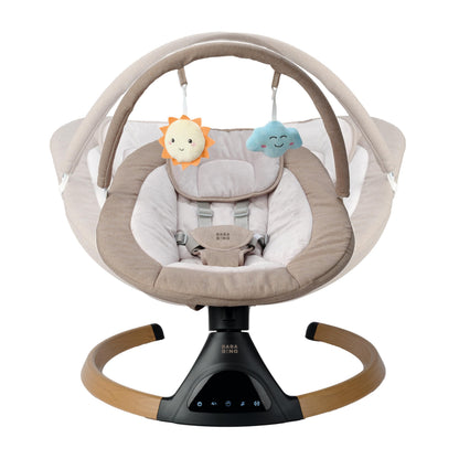 BABA BING beige electric baby swing chair with Bluetooth, digital display, lightweight design, and five swinging options for infants.