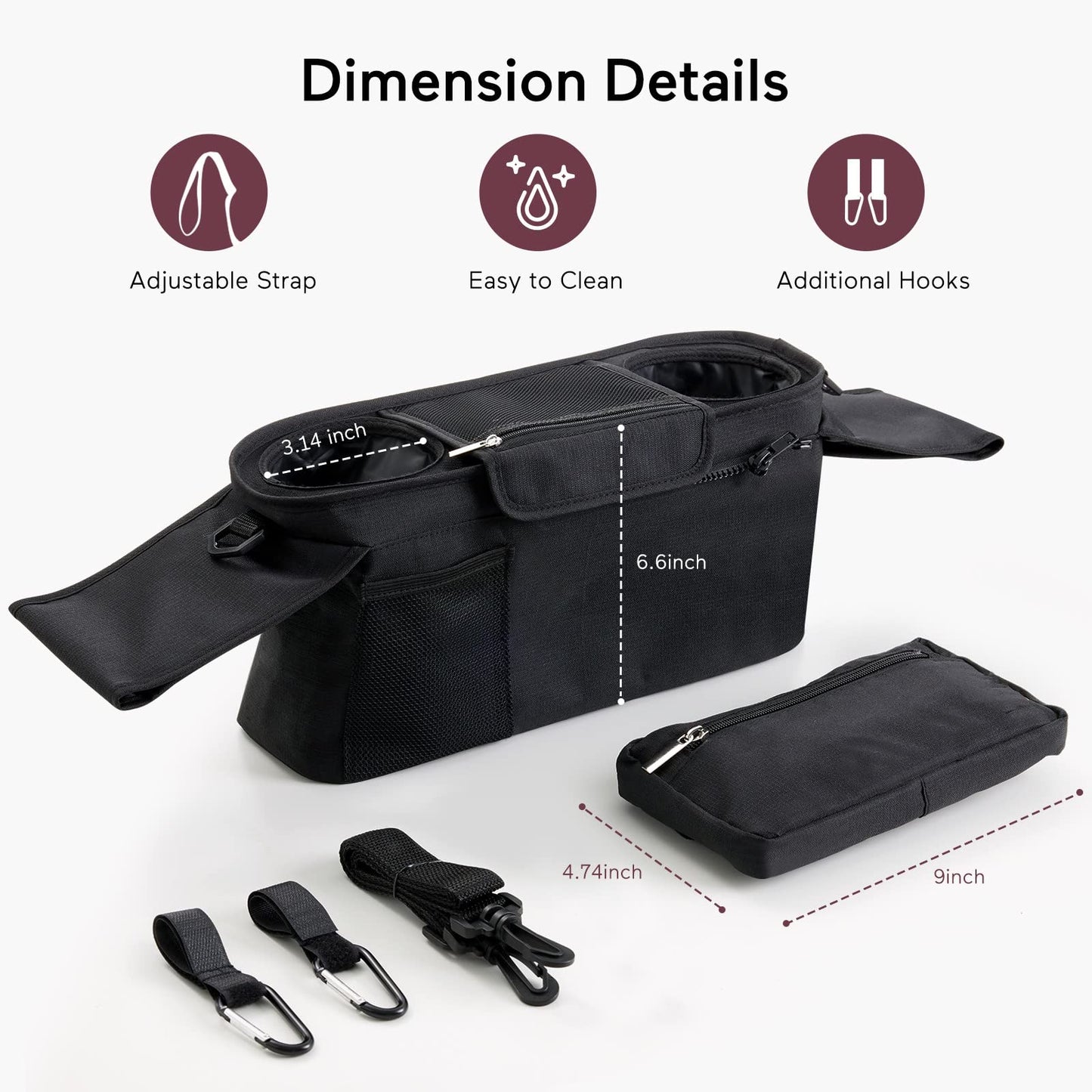 Momcozy baby pushchair organiser with three insulated cup holders, zippered pocket, adjustable strap, and large capacity for essentials.