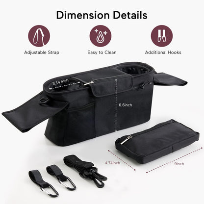 Momcozy baby pushchair organiser with three insulated cup holders, zippered pocket, adjustable strap, and large capacity for essentials.