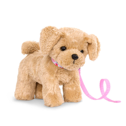 Poseable Our Generation Goldendoodle puppy with collar and detachable leash, designed for 18-inch dolls, 6-inch toy pet.