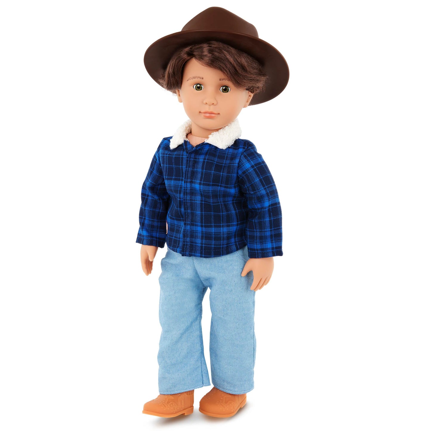 Our Generation Dustin Cowboy Doll with cowboy hat, boots, and lifelike hazel eyes in western-themed outfit.