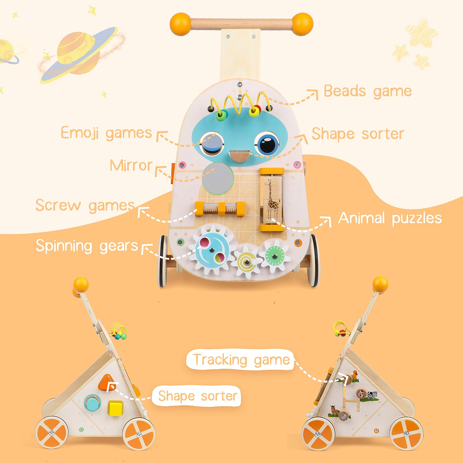 Jacootoys wooden toddler push walker with adjustable speed, featuring 7 educational activities for boys and girls aged 1 to 3 years.