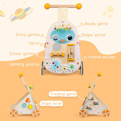 Jacootoys wooden toddler push walker with adjustable speed, featuring 7 educational activities for boys and girls aged 1 to 3 years.