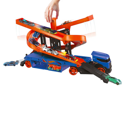 Hot Wheels City Lift & Launch Hauler Vehicle with Storage for Up to 20 1:64 Cars, Lift and Launch Feature and 1 Hot Wheels Car, for 3 Year Olds and Up