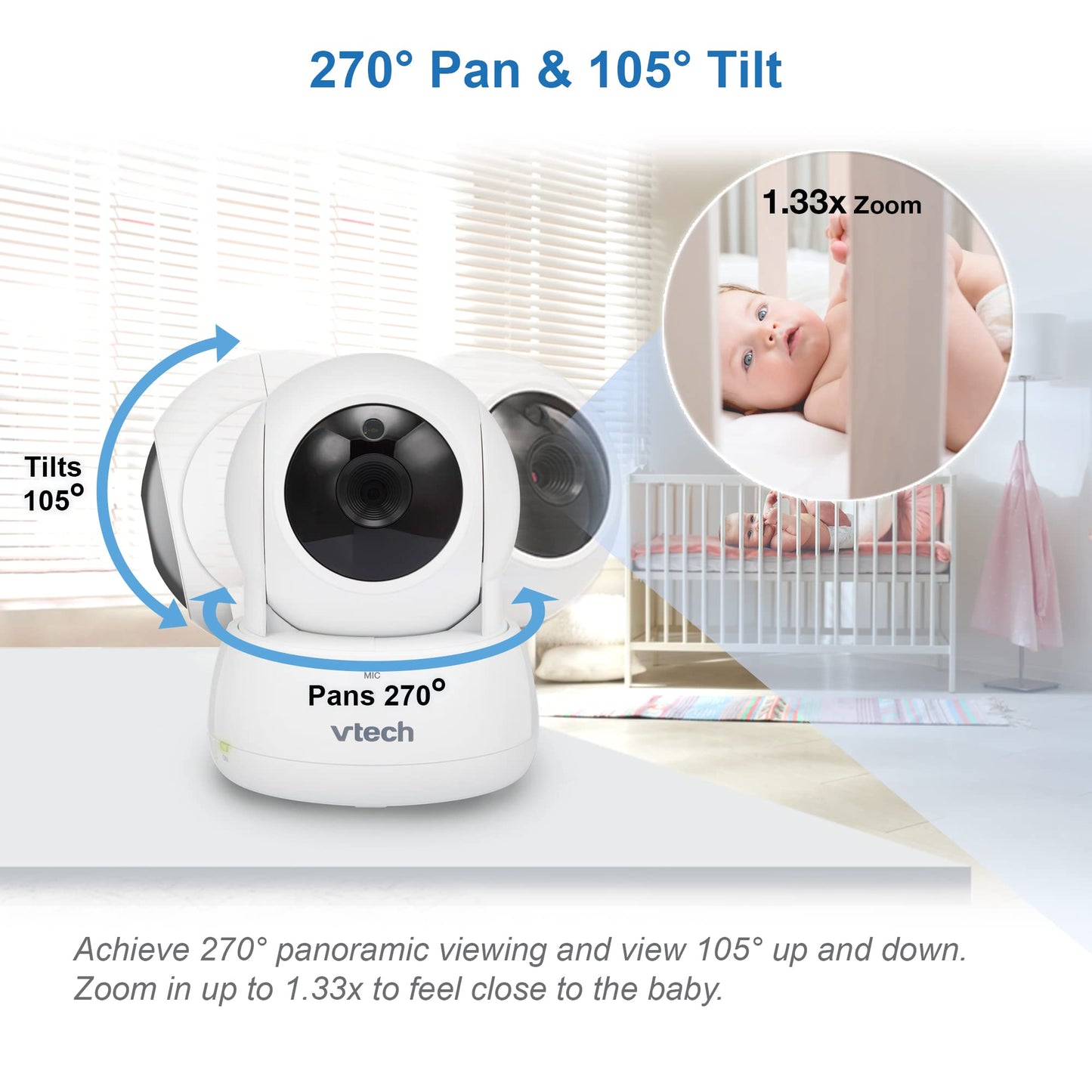 VTech VM924 video baby monitor with camera, 5" LCD screen, night vision, pan-and-tilt, and two-way talk system.