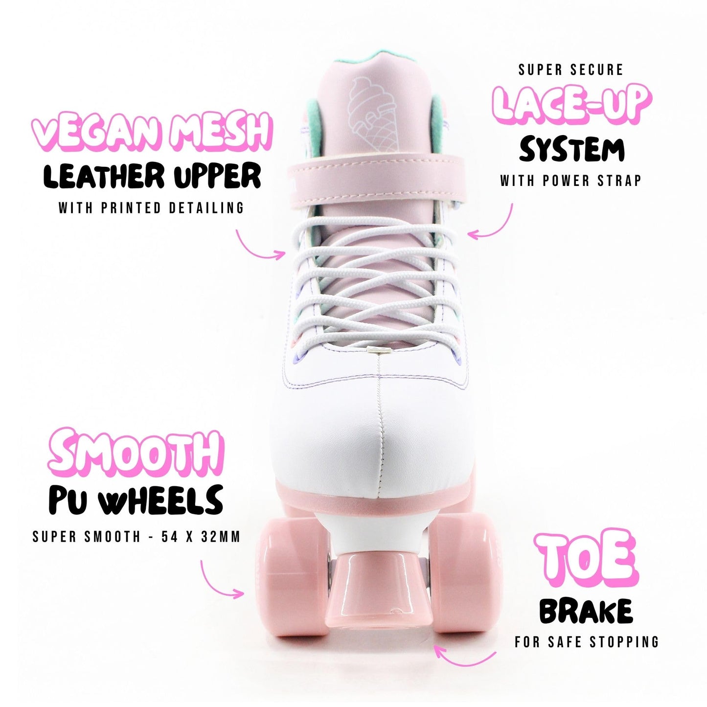Cream Scoop Kids adjustable quad roller skates with pink hearts, white and pink design, four-wheel stability for boys and girls.
