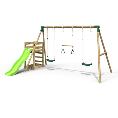 Rebo® Children's Wooden Swing Set Plus Deck and Slide - Comet Green | OutdoorToys | Kids' Playset - Sturdy Construction, Pressured Treated Timber, Soft-Feel Ropes