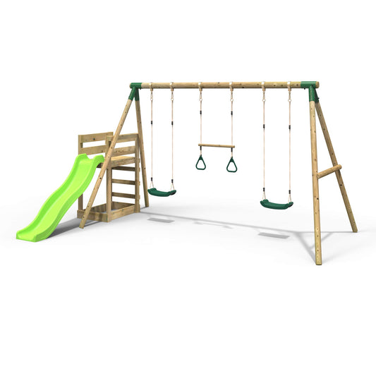 Rebo® Children's Wooden Swing Set Plus Deck and Slide - Comet Green | OutdoorToys | Kids' Playset - Sturdy Construction, Pressured Treated Timber, Soft-Feel Ropes