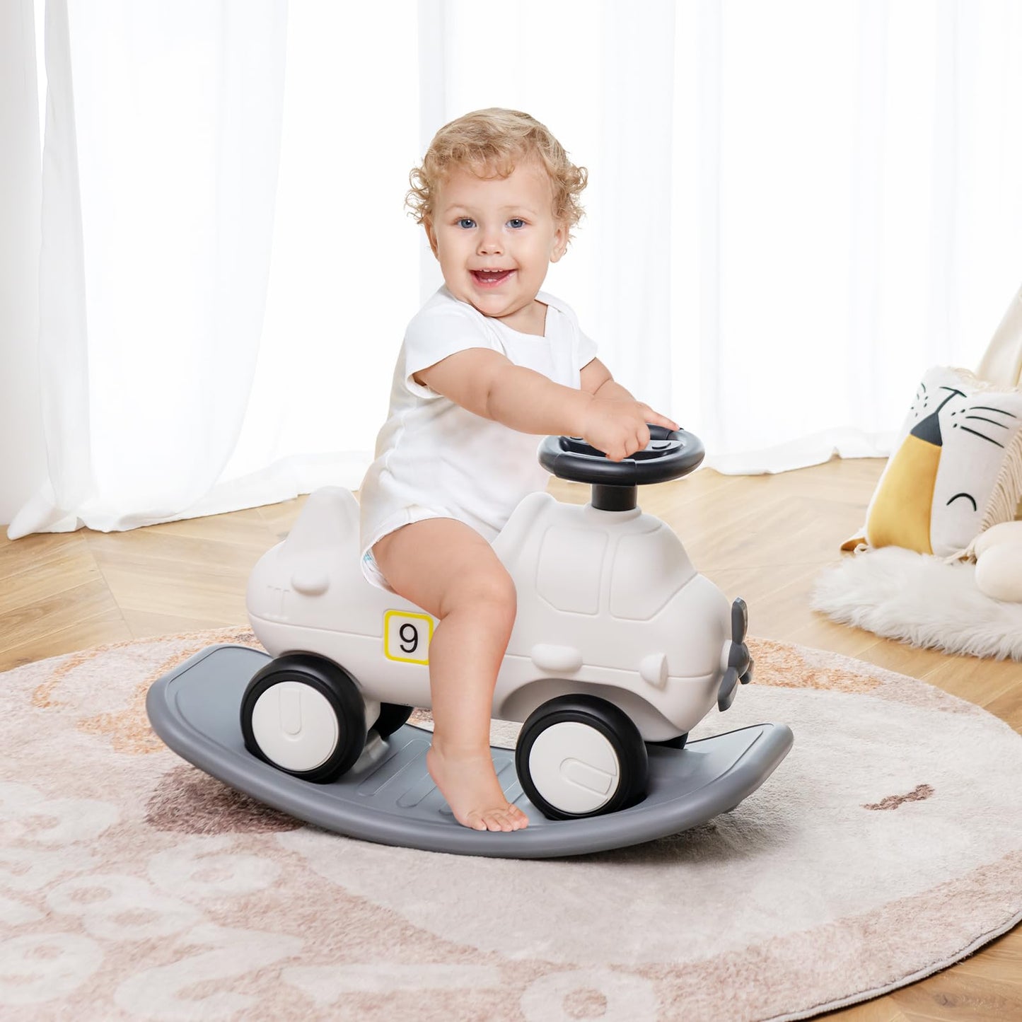 GYMAX Kids Rocking Horse, 3 in 1 Toddler Ride On Car with Detachable Balance Board, Foot to Floor Sliding Car Indoor Rocking Toy for 18-72 Months Boys Girls (White + Grey)