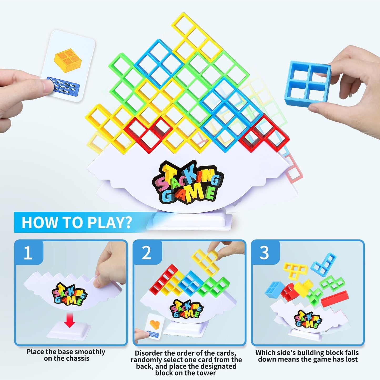DUHLnote 48-piece stack game for adults and kids, balancing tetra board tower game for family travel and party fun.