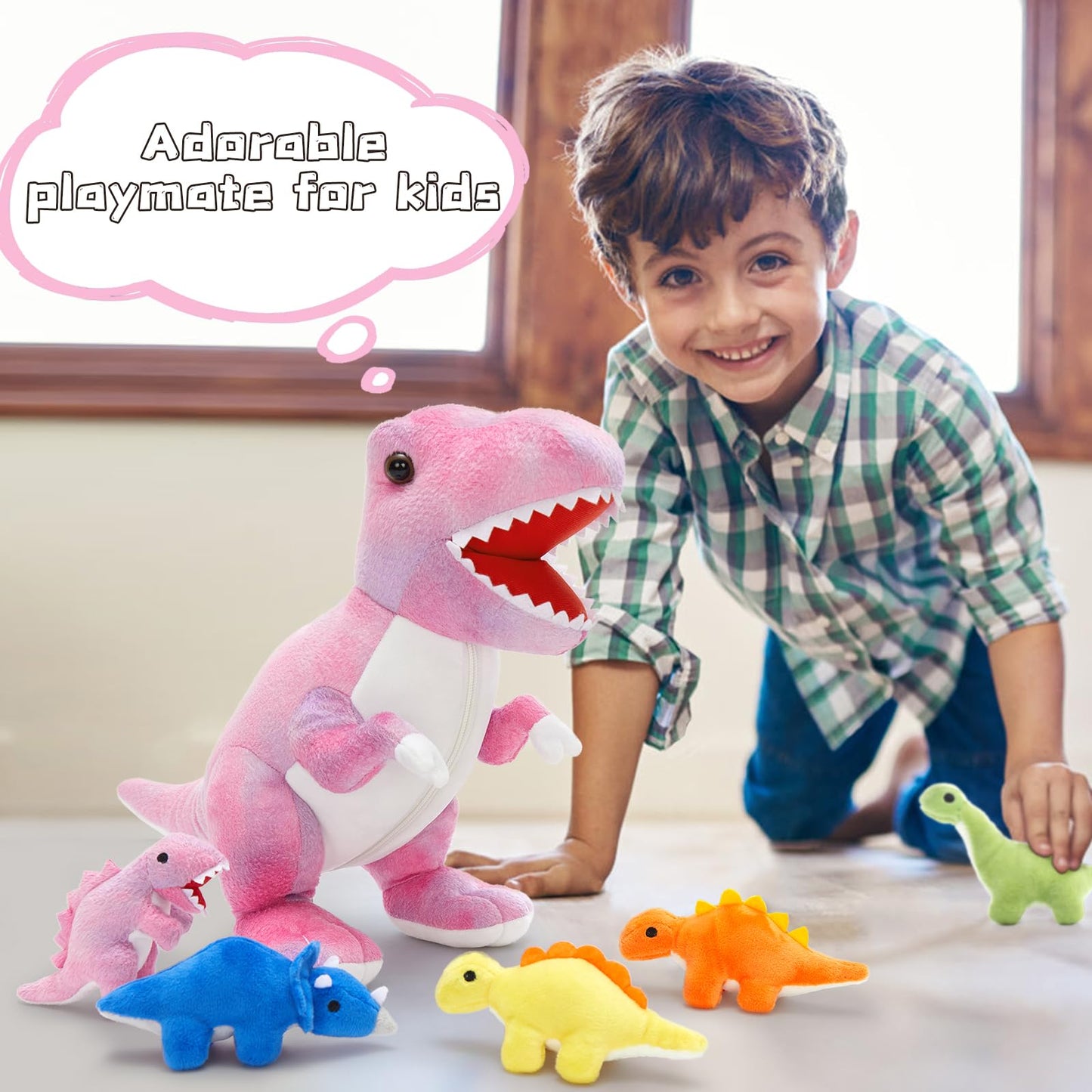 MorisMos Big Dinosaur Teddy Stuffed Animal, 50cm Pink Cuddly Fluffy Mom with 5 Babies Inside, Large T-Rex Soft Toys Kawaii Dino Present for Kids Birthday Christmas Deco