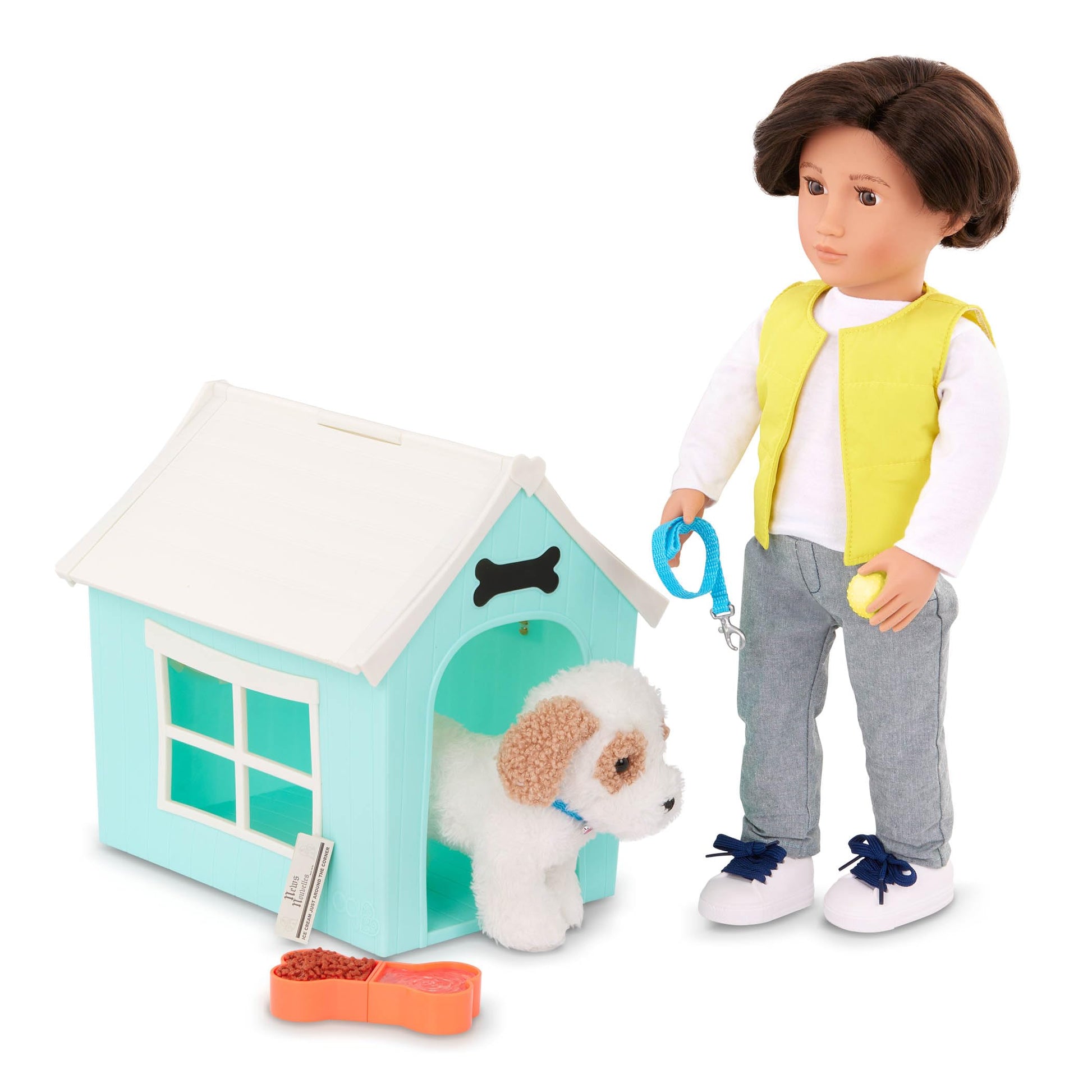 Our Generation dog house playset with plush puppy, perfect for 18-inch dolls in a colorful pretend play scene.