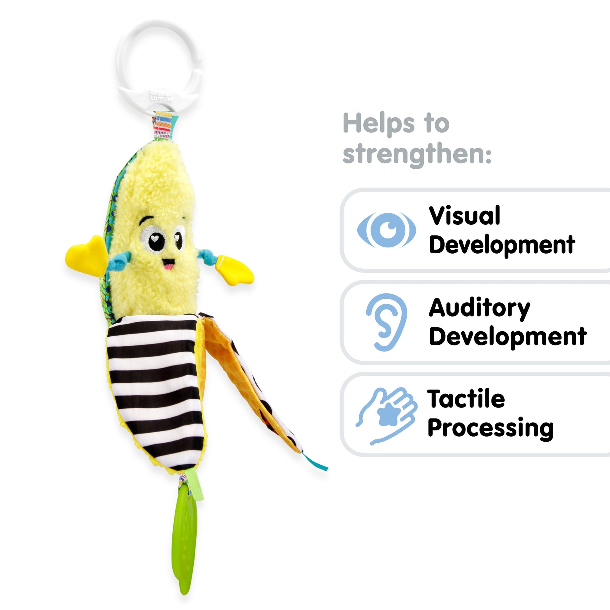 LAMAZE Bea the Banana sensory clip-on toy with colorful sounds for newborns on prams and pushchairs, suitable for ages 0-24 months.