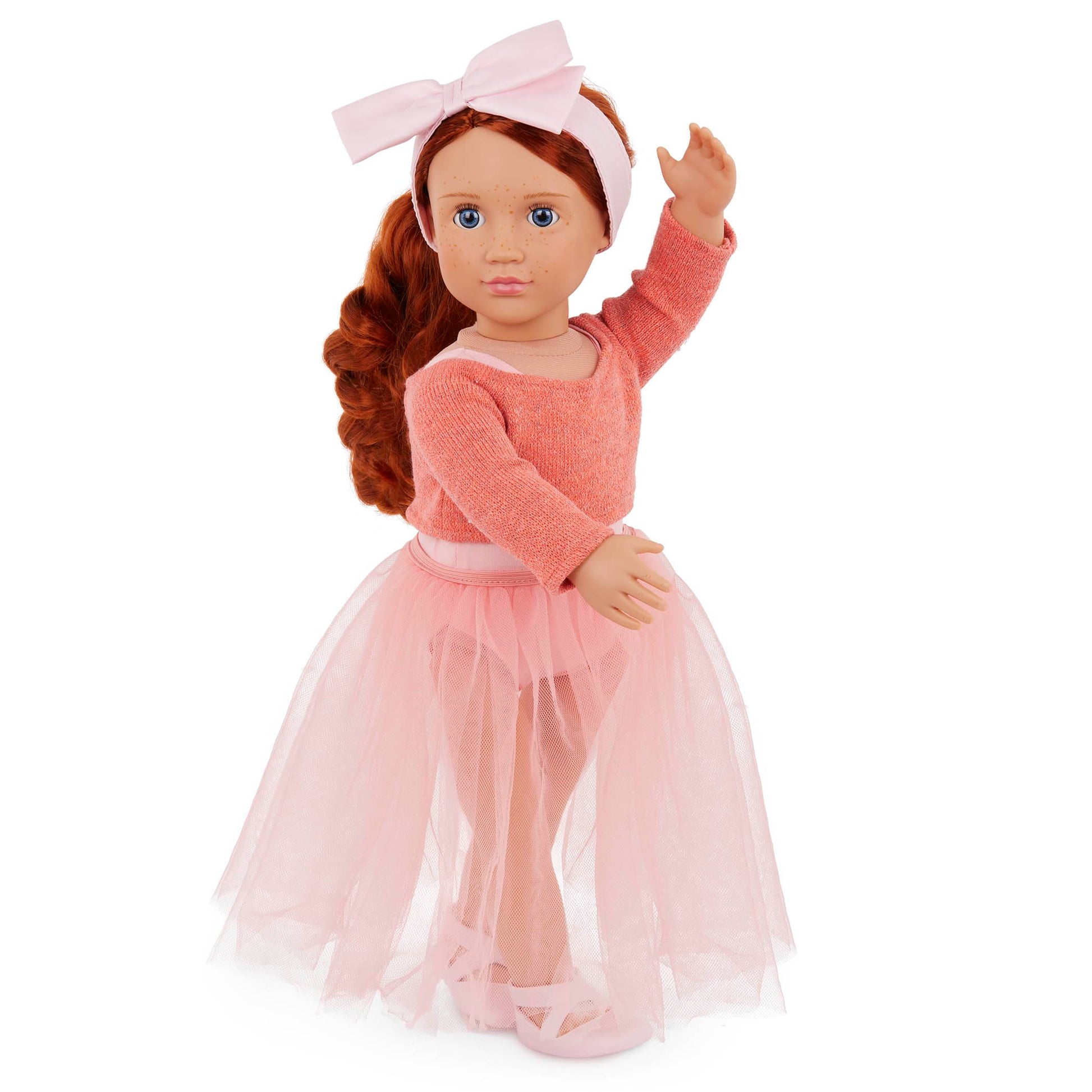 18-inch Our Generation ballerina doll Aubrie with blue eyes, red hair, ballet outfit, and hair bow for pretend play.