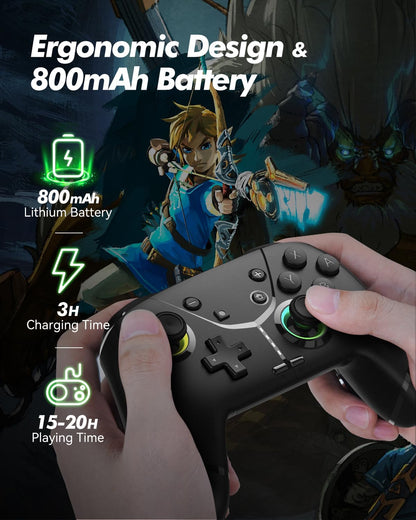 Ligame Switch wireless game controller with RGB, turbo, vibration, macro features, compatible with iPhone, Android, PC, and Steam.
