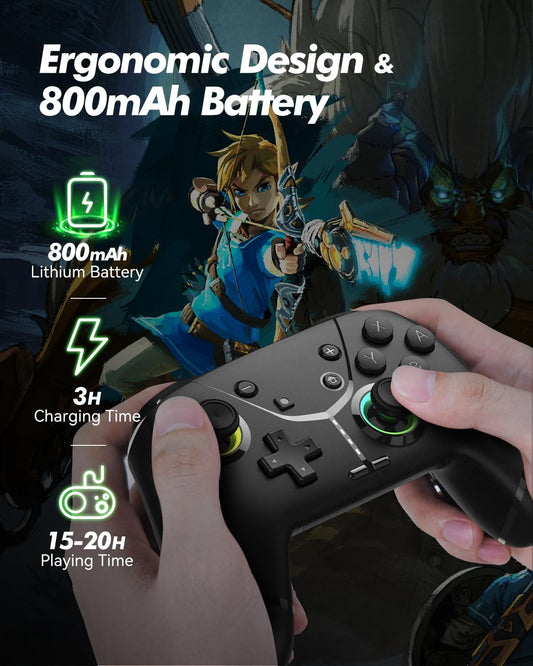 Ligame Switch wireless game controller with RGB, turbo, vibration, macro features, compatible with iPhone, Android, PC, and Steam.