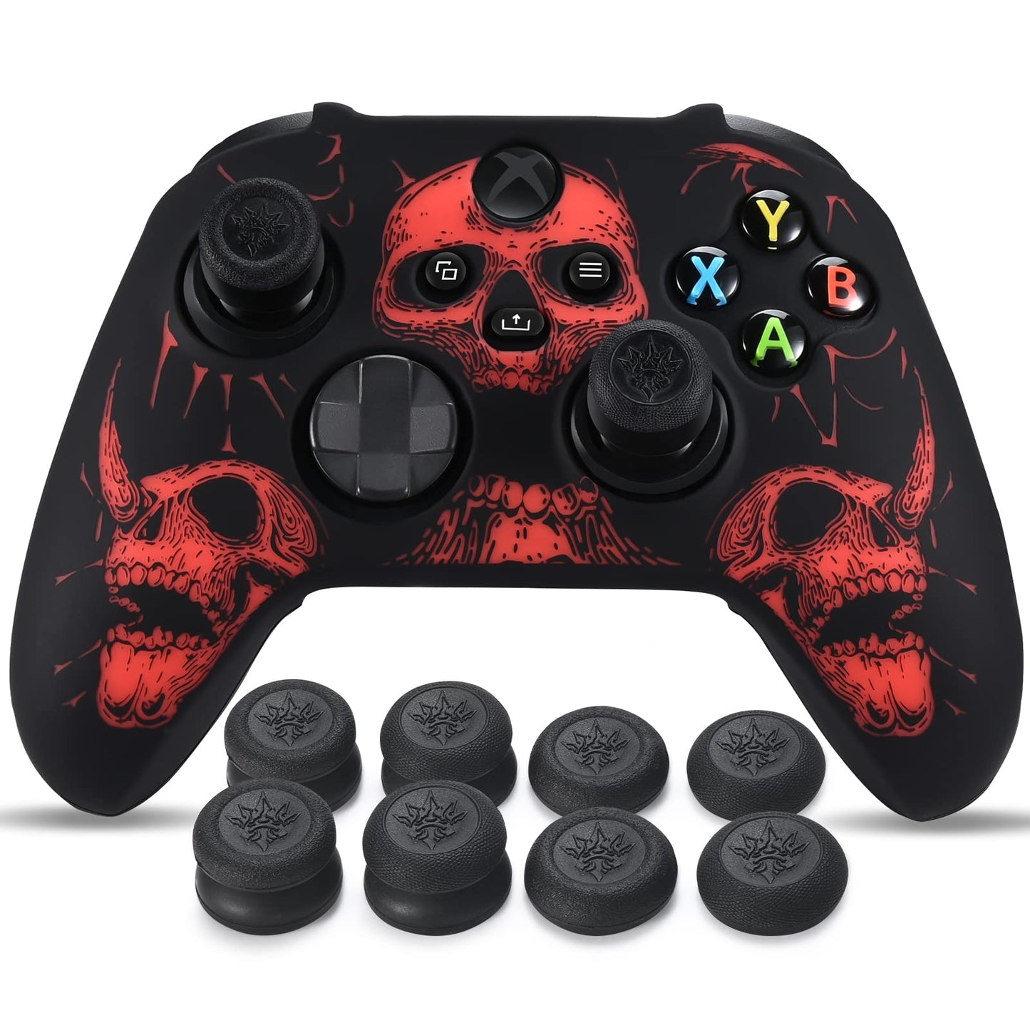 Red YoRHa laser carving silicone skin for Xbox Series X/S controller with 8 pro thumb grips, designed for enhanced grip and protection.