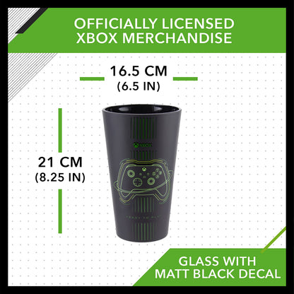 Paladone Xbox drinking glass with matte black and green design, featuring Xbox controller artwork, 400ml cold drink tumbler.