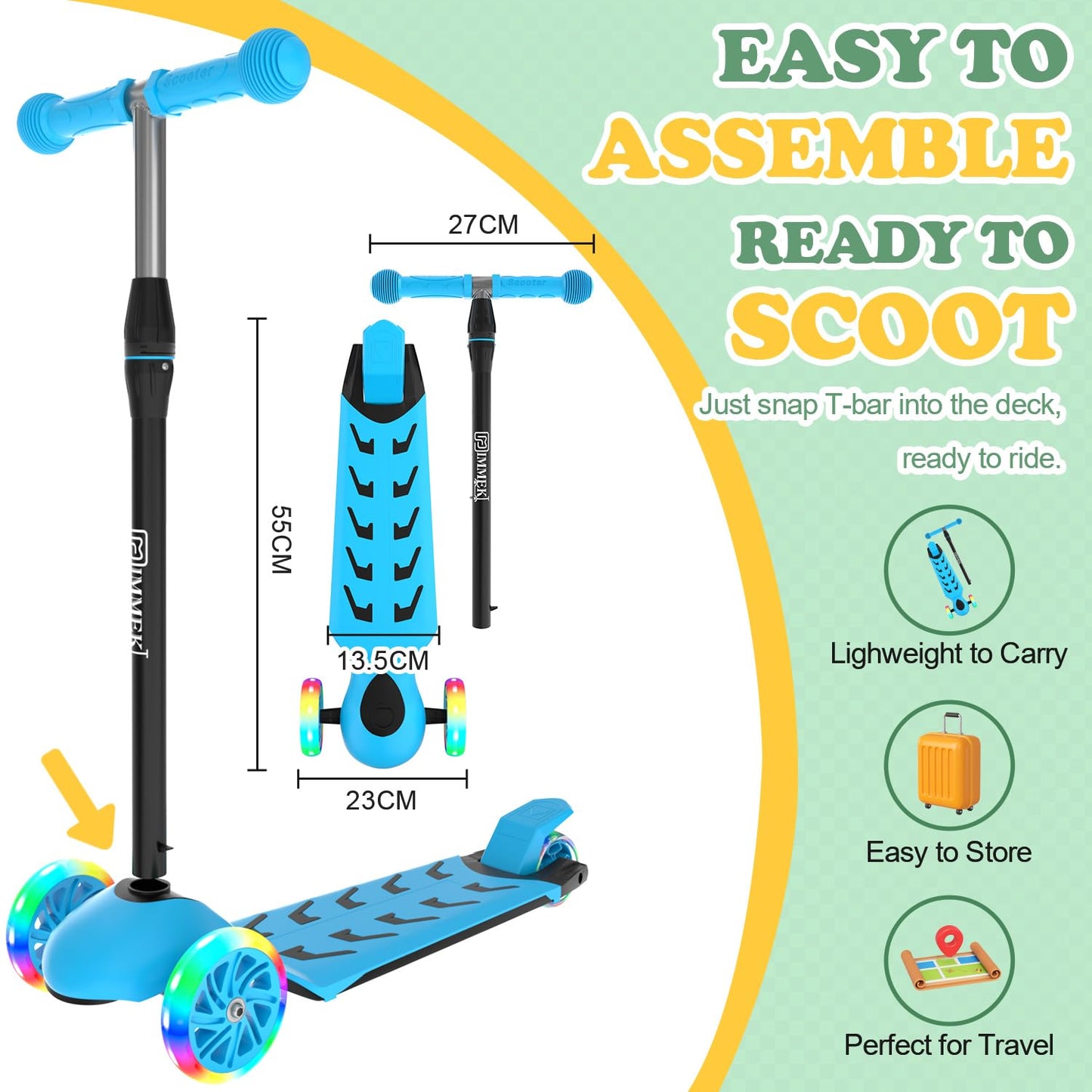 IMMEK Kids Scooter, 3-Wheel Toddler Scooter, Toys and Gifts for Boys and Girls Aged 3 to 8, 3 Adjustable Height Levels, LED Light-Up Wheels, Max Load 50 kg