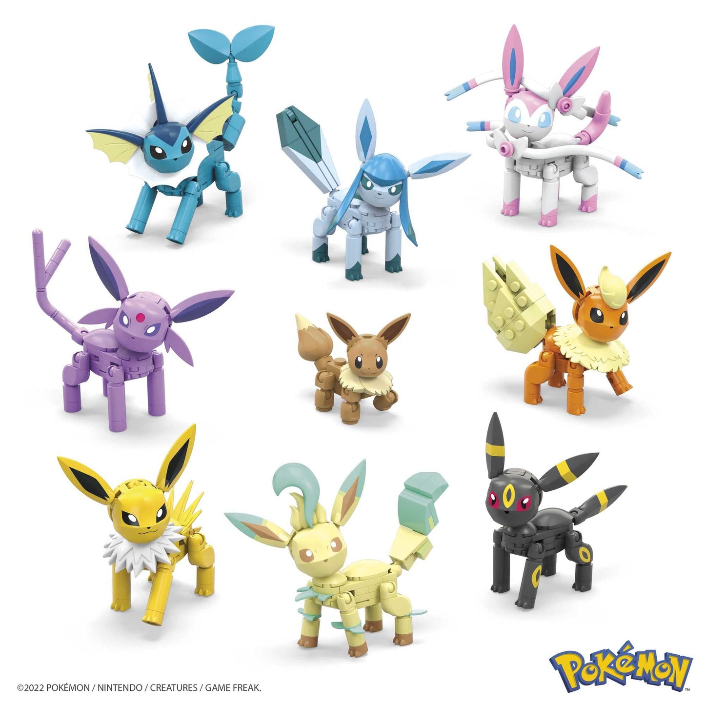 MEGA Pokémon building toys set featuring every Eevee evolution with 9 poseable characters and 470 pieces for kids.