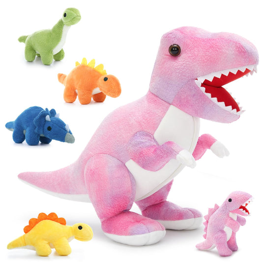 MorisMos Big Dinosaur Teddy Stuffed Animal, 50cm Pink Cuddly Fluffy Mom with 5 Babies Inside, Large T-Rex Soft Toys Kawaii Dino Present for Kids Birthday Christmas Deco