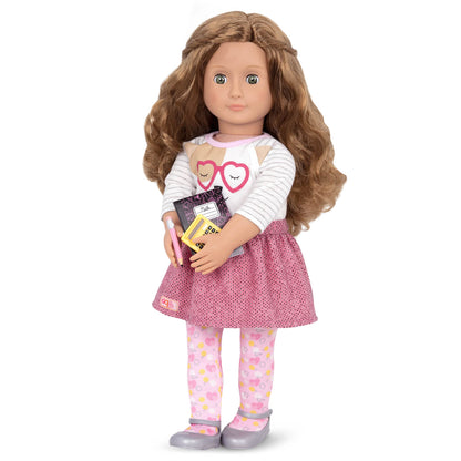 Our Generation doll wearing puppy-graphic outfit with shoes and accessories, 21.5 cm doll clothes for kids' imaginative play